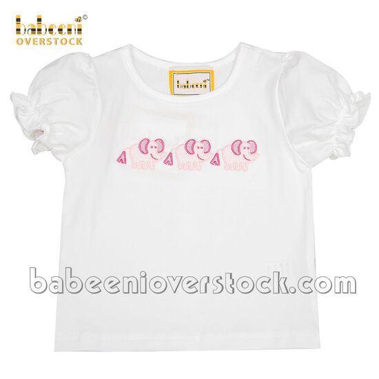 Cute embroidery pink elephants girl T-shirt - BB1903